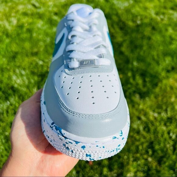 Nike Air Force 1 Womens Gray/Turquoise Colorblock Splatter Custom Sneakers - Picture 4 of 6